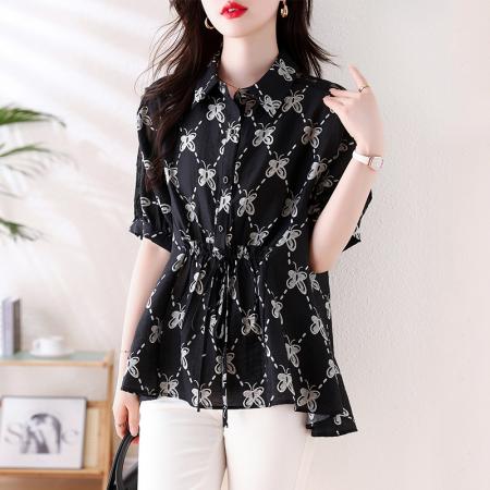 BY14345# 大码女装夏季新款抽绳显瘦遮肉百搭印花雪纺衫女 服裝批發女裝批發服飾貨源