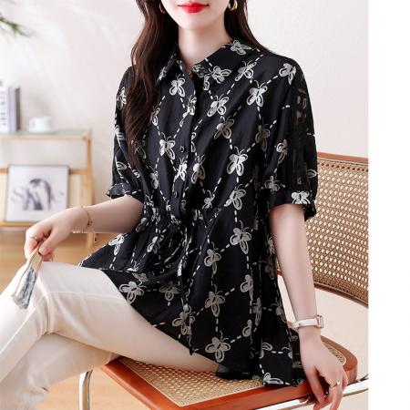 BY14345# 大码女装夏季新款抽绳显瘦遮肉百搭印花雪纺衫女 服裝批發女裝批發服飾貨源