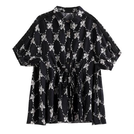 BY14345# 大码女装夏季新款抽绳显瘦遮肉百搭印花雪纺衫女 服裝批發女裝批發服飾貨源