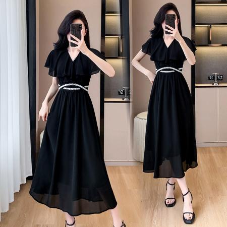 BY14346# 大码女装夏季雪纺腰身珍珠装饰显瘦简约中长裙连衣裙短袖 服裝批發女裝批發服飾貨源