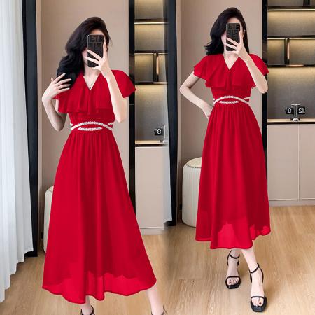 BY14346# 大码女装夏季雪纺腰身珍珠装饰显瘦简约中长裙连衣裙短袖 服裝批發女裝批發服飾貨源