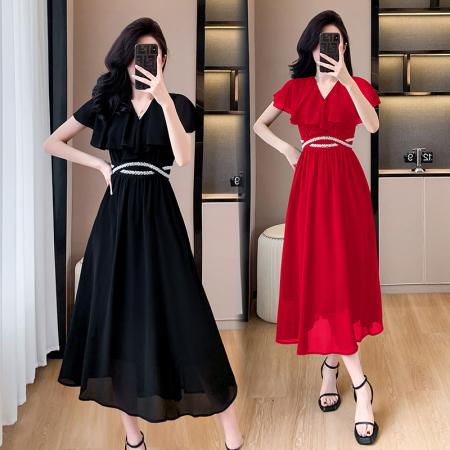 BY14346# 大码女装夏季雪纺腰身珍珠装饰显瘦简约中长裙连衣裙短袖 服裝批發女裝批發服飾貨源