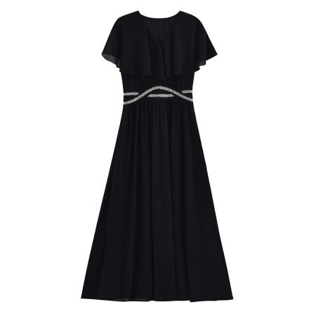 BY14346# 大码女装夏季雪纺腰身珍珠装饰显瘦简约中长裙连衣裙短袖 服裝批發女裝批發服飾貨源