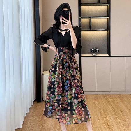 BY14347# 大码女装夏季腰身珍珠装饰显瘦拼接碎花雪纺中长连衣裙短袖 服裝批發女裝批發服飾貨源