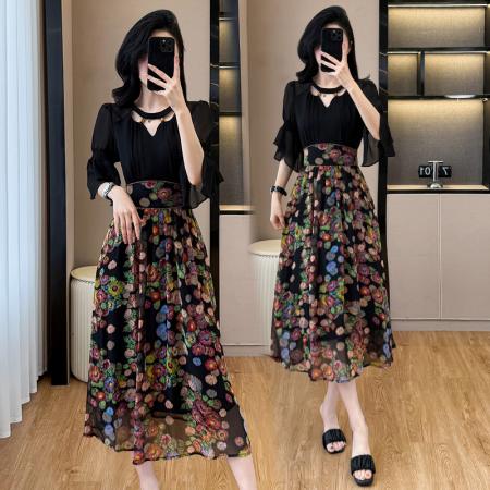 BY14347# 大码女装夏季腰身珍珠装饰显瘦拼接碎花雪纺中长连衣裙短袖 服裝批發女裝批發服飾貨源