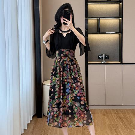 BY14347# 大码女装夏季腰身珍珠装饰显瘦拼接碎花雪纺中长连衣裙短袖 服裝批發女裝批發服飾貨源