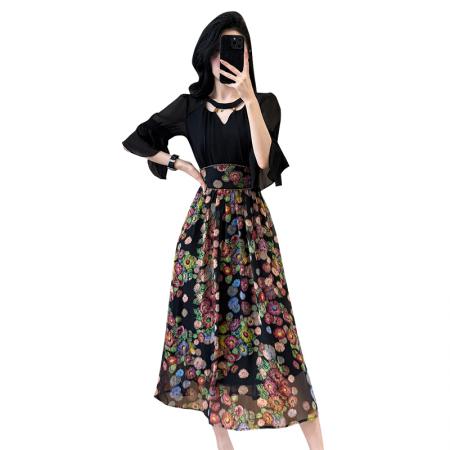 BY14347# 大码女装夏季腰身珍珠装饰显瘦拼接碎花雪纺中长连衣裙短袖 服裝批發女裝批發服飾貨源