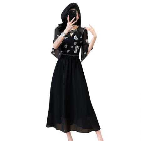 BY14348# 大码女装夏季时髦设计感领口烫钻显瘦拼接碎花雪纺中长连衣裙 服裝批發女裝批發服飾貨源