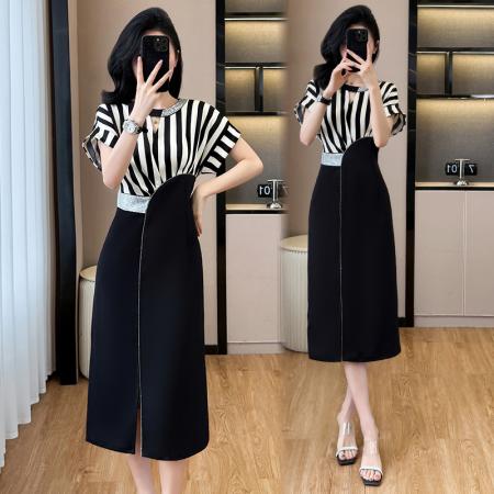 BY14349# 大码女装夏季新款小众设计感醋酸缎条纹撞色拼接显瘦连衣裙 服裝批發女裝批發服飾貨源