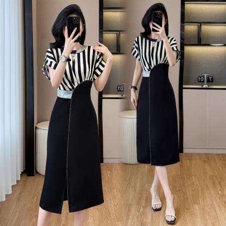 BY14349# 大码女装夏季新款小众设计感醋酸缎条纹撞色拼接显瘦连衣裙 服裝批發女裝批發服飾貨源