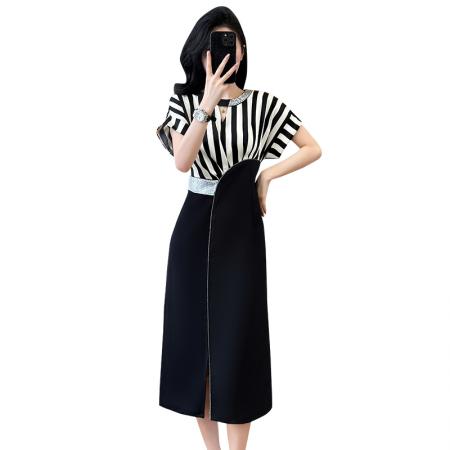 BY14349# 大码女装夏季新款小众设计感醋酸缎条纹撞色拼接显瘦连衣裙 服裝批發女裝批發服飾貨源