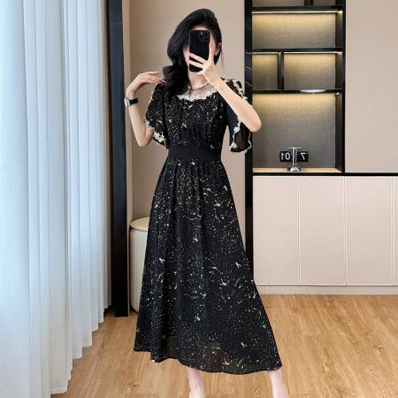 BY14350# 大码女装夏季烫金重工拼接花边设计感显瘦中长裙连衣裙短袖 服裝批發女裝批發服飾貨源