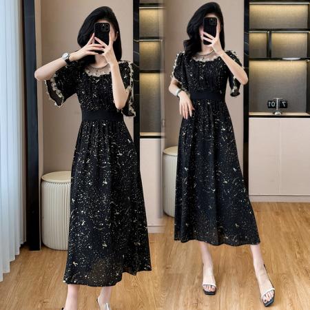 BY14350# 大码女装夏季烫金重工拼接花边设计感显瘦中长裙连衣裙短袖 服裝批發女裝批發服飾貨源