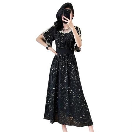 BY14350# 大码女装夏季烫金重工拼接花边设计感显瘦中长裙连衣裙短袖 服裝批發女裝批發服飾貨源