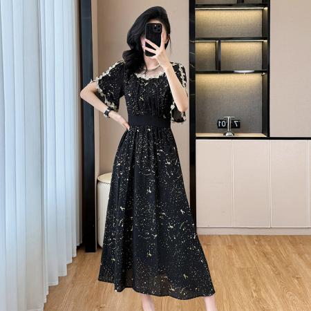 BY14350# 大码女装夏季烫金重工拼接花边设计感显瘦中长裙连衣裙短袖 服裝批發女裝批發服飾貨源