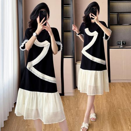 大码女装夏季新款撞色拼接设计感宽松遮肚中长款连衣裙 服裝批發女裝批發服飾貨源