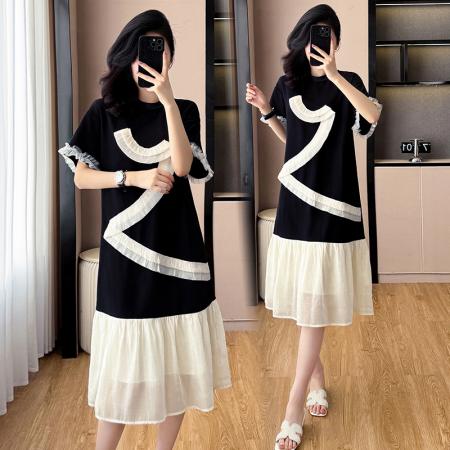 大码女装夏季新款撞色拼接设计感宽松遮肚中长款连衣裙 服裝批發女裝批發服飾貨源