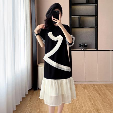 大码女装夏季新款撞色拼接设计感宽松遮肚中长款连衣裙 服裝批發女裝批發服飾貨源