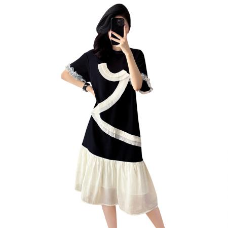 大码女装夏季新款撞色拼接设计感宽松遮肚中长款连衣裙 服裝批發女裝批發服飾貨源