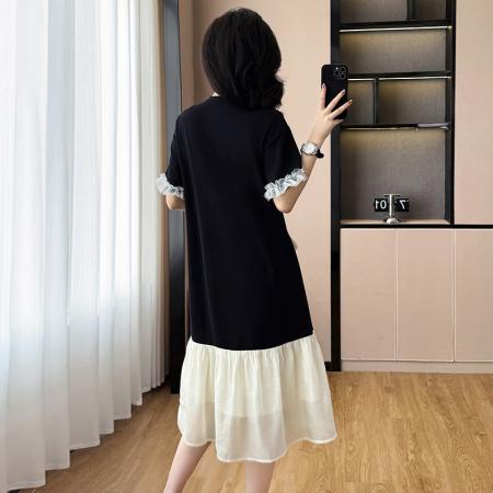 大码女装夏季新款撞色拼接设计感宽松遮肚中长款连衣裙 服裝批發女裝批發服飾貨源