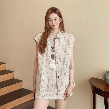 夏季新款温柔杏色格纹小香风套装无袖马甲+A字短裙两件套 服裝批發女裝批發服飾貨源