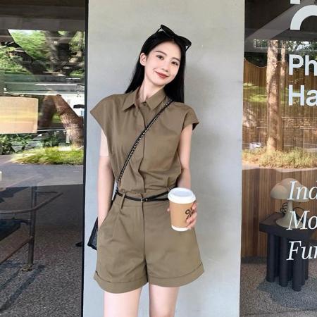 韩系简约衬衫短裤套装女夏季小个子显高休闲两件套送腰带 服裝批發女裝批發服飾貨源