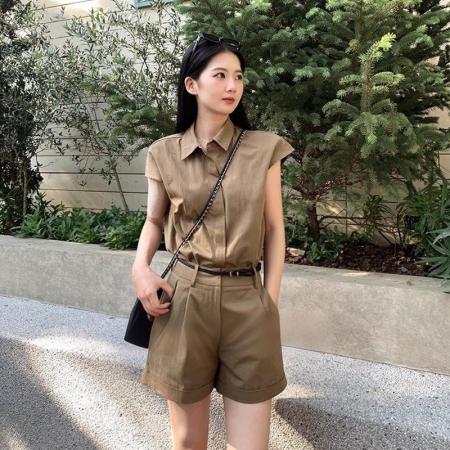 韩系简约衬衫短裤套装女夏季小个子显高休闲两件套送腰带 服裝批發女裝批發服飾貨源