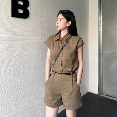 韩系简约衬衫短裤套装女夏季小个子显高休闲两件套送腰带 服裝批發女裝批發服飾貨源
