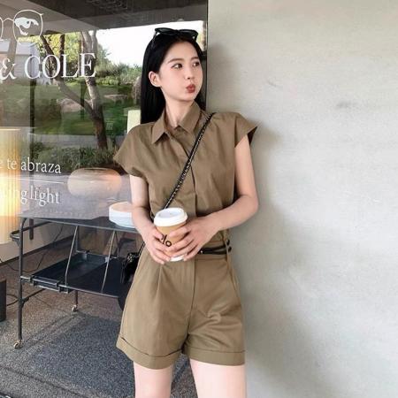 韩系简约衬衫短裤套装女夏季小个子显高休闲两件套送腰带 服裝批發女裝批發服飾貨源
