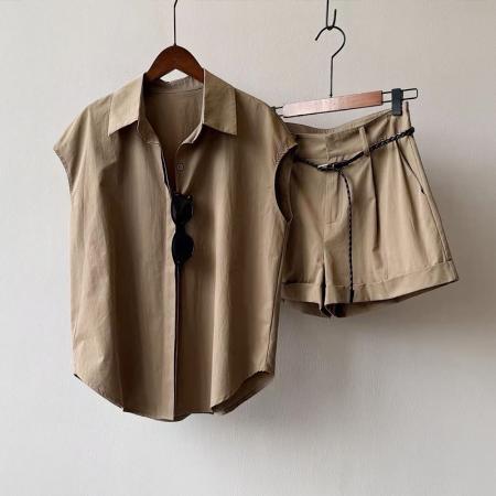 韩系简约衬衫短裤套装女夏季小个子显高休闲两件套送腰带 服裝批發女裝批發服飾貨源