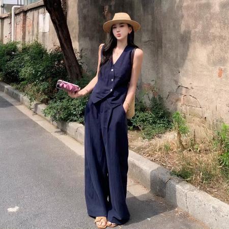 夏季新款天丝亚麻混纺马甲套装气质通勤藏青阔腿裤两件套 服裝批發女裝批發服飾貨源