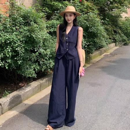 夏季新款天丝亚麻混纺马甲套装气质通勤藏青阔腿裤两件套 服裝批發女裝批發服飾貨源