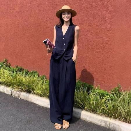 夏季新款天丝亚麻混纺马甲套装气质通勤藏青阔腿裤两件套 服裝批發女裝批發服飾貨源