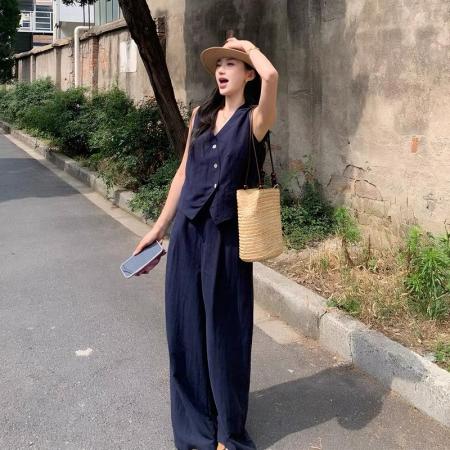 夏季新款天丝亚麻混纺马甲套装气质通勤藏青阔腿裤两件套 服裝批發女裝批發服飾貨源