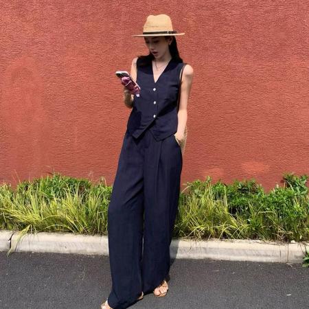 夏季新款天丝亚麻混纺马甲套装气质通勤藏青阔腿裤两件套 服裝批發女裝批發服飾貨源
