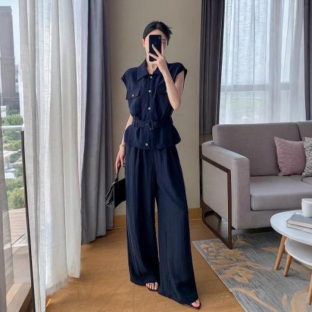 夏季新款藏青无袖收腰衬衫阔腿裤套装女通勤休闲两件套 服裝批發女裝批發服飾貨源