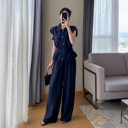 夏季新款藏青无袖收腰衬衫阔腿裤套装女通勤休闲两件套 服裝批發女裝批發服飾貨源