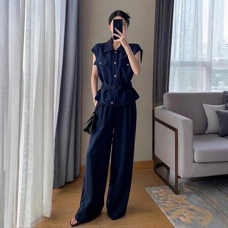 夏季新款藏青无袖收腰衬衫阔腿裤套装女通勤休闲两件套 服裝批發女裝批發服飾貨源