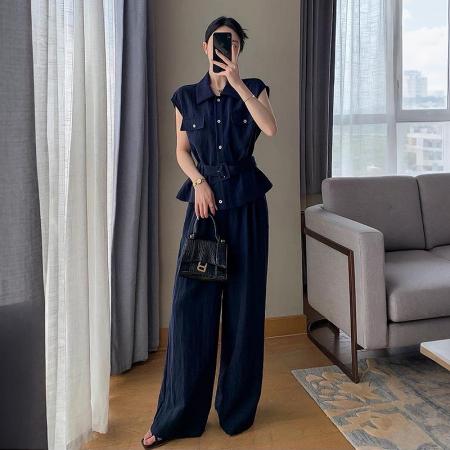 夏季新款藏青无袖收腰衬衫阔腿裤套装女通勤休闲两件套 服裝批發女裝批發服飾貨源