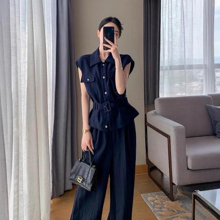 夏季新款藏青无袖收腰衬衫阔腿裤套装女通勤休闲两件套 服裝批發女裝批發服飾貨源