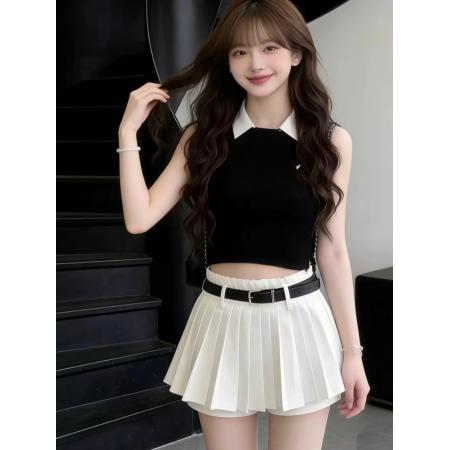 韩系一整套ootd穿搭套装气质巨好看复古翻领针织上衣短裙两件套潮 服裝批發女裝批發服飾貨源