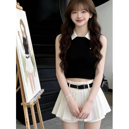 韩系一整套ootd穿搭套装气质巨好看复古翻领针织上衣短裙两件套潮 服裝批發女裝批發服飾貨源