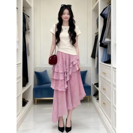 巨好看的夏季一整套韩系甜美正肩短袖上衣女碎花不规则半身裙套装 服裝批發女裝批發服飾貨源