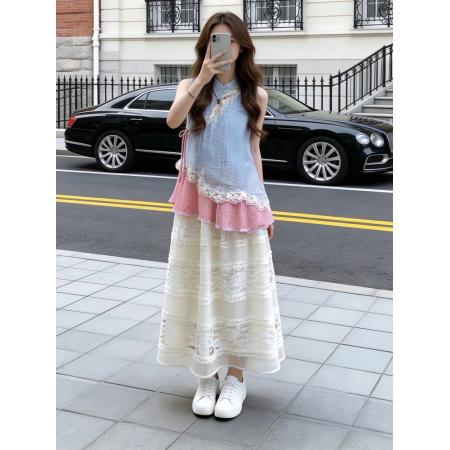 夏季浪漫度假风森系套装女新款系带扣上衣蕾丝拼接半身裙两件套 服裝批發女裝批發服飾貨源