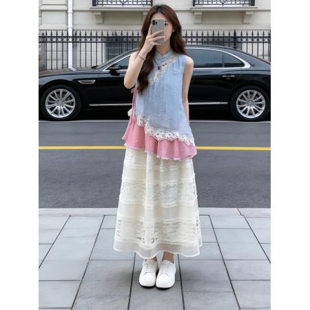 夏季浪漫度假风森系套装女新款系带扣上衣蕾丝拼接半身裙两件套 服裝批發女裝批發服飾貨源