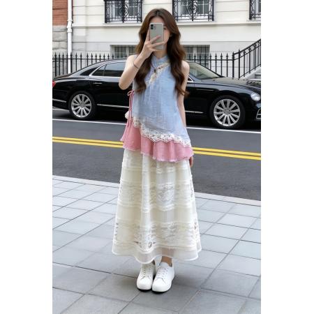 夏季浪漫度假风森系套装女新款系带扣上衣蕾丝拼接半身裙两件套 服裝批發女裝批發服飾貨源