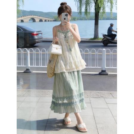 夏季新款时髦森系甜美雪纺吊带上衣显瘦蕾丝拼接半身裙两件套 服裝批發女裝批發服飾貨源
