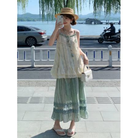 夏季新款时髦森系甜美雪纺吊带上衣显瘦蕾丝拼接半身裙两件套 服裝批發女裝批發服飾貨源