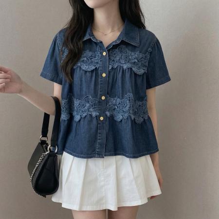 chic法式双层蕾丝娃娃领牛仔衬衫 服裝批發女裝批發服飾貨源