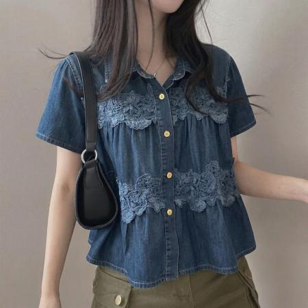 chic法式双层蕾丝娃娃领牛仔衬衫 服裝批發女裝批發服飾貨源